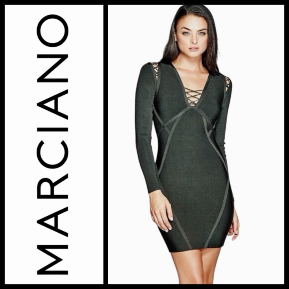 Marciano Dark Green Bodycon Bandage Mini Dress XXS Lattice Cutout Night